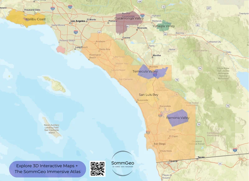 3D topographic and road map of the South Coast AVA near Los Angeles created with SommGeo's Map Maker