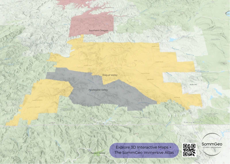 3D topographic view of Southern Oregon AVAs including Rogue Valley created with SommGeo's Map Maker