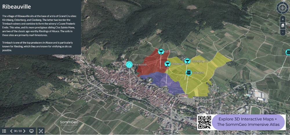 3D Tour of Alsace Grand Cru vineyards near Ribeauvillé showing Kirchberg, Geisberg, and Osterberg with Trimbach producer pin