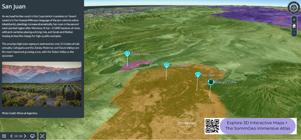 3D Tour flyover of San Juan wine region showing Zonda Valley and Tulum Valley vineyard areas