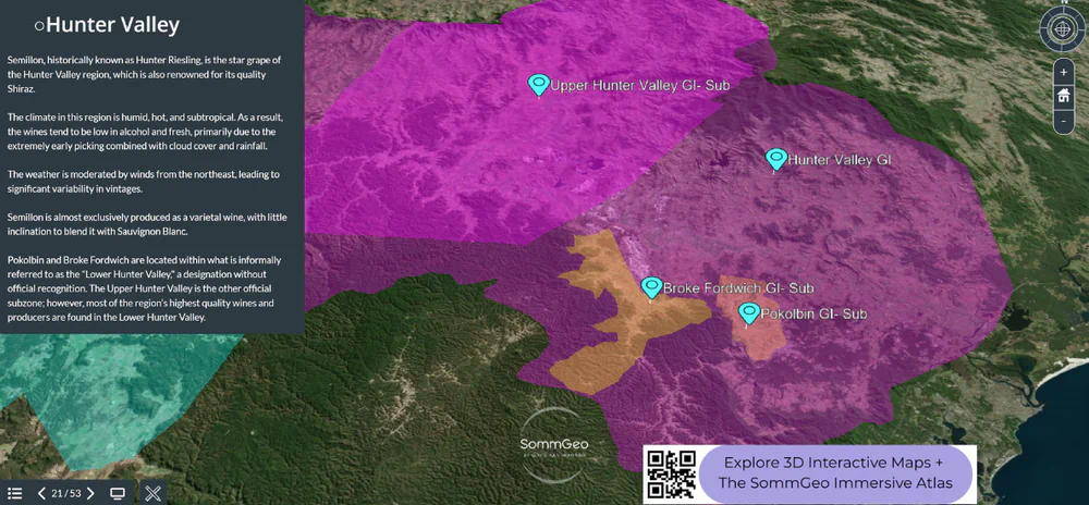 3D Tour of Hunter Valley wine region showing subregional boundaries and producer pins