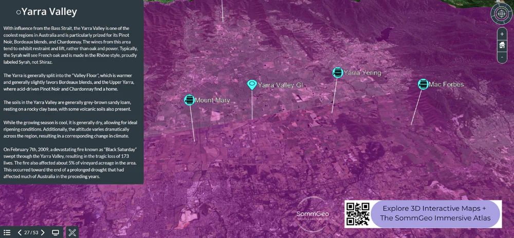 3D Tour flyover of Australia's Yarra Valley wine region with producer and subregion pins