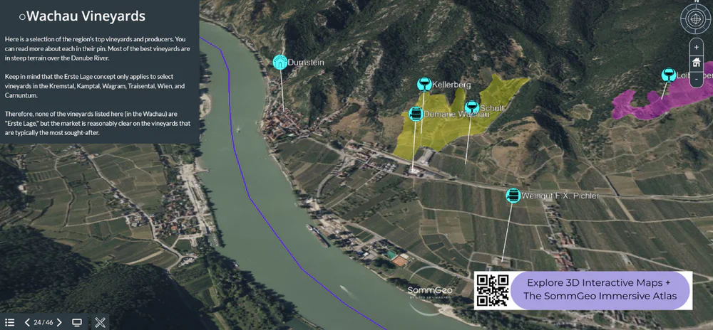 3D Tour of Wachau vineyards near Dürnstein showing F.X. Pichler and other producer pins along the Danube
