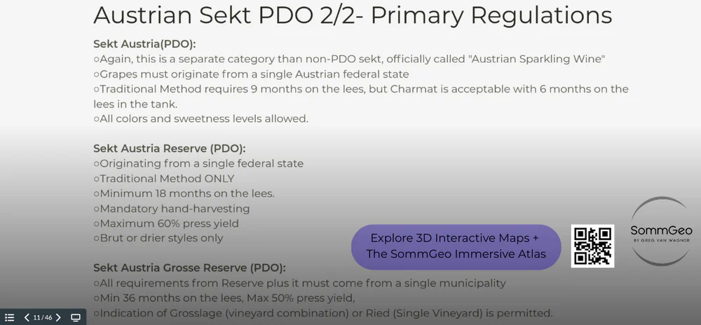 SommGeo Tour frame showing Austrian Sekt classification requirements and production tiers