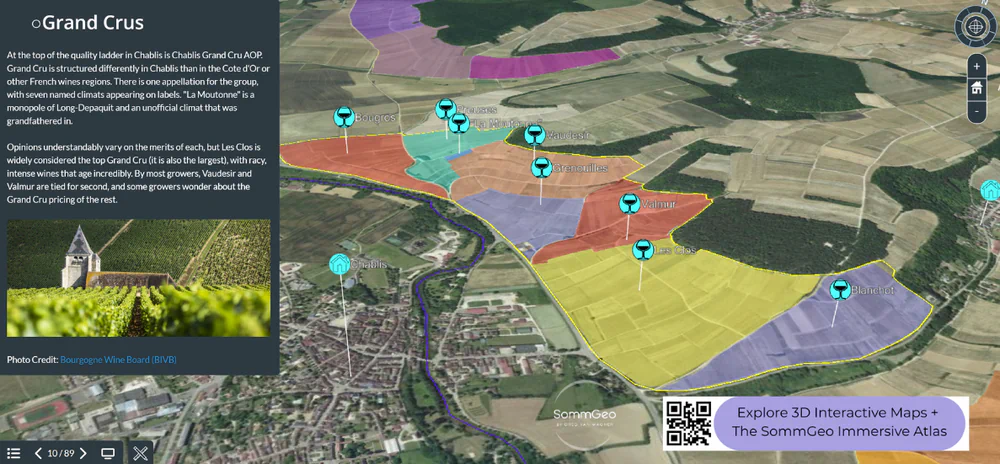 3D Tour flyover of Chablis Grand Cru vineyards with vineyard boundary overlays and producer pins