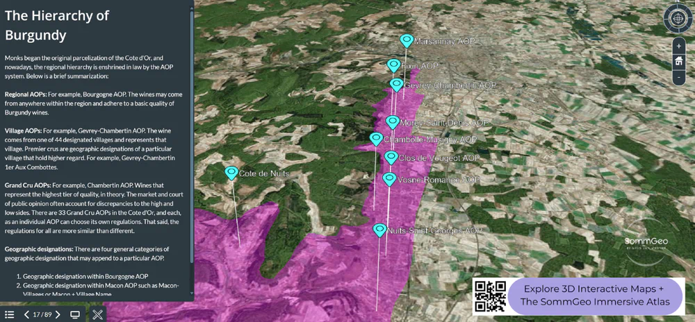 3D Tour of Côte de Nuits showing commune and village appellation boundaries from Gevrey-Chambertin south