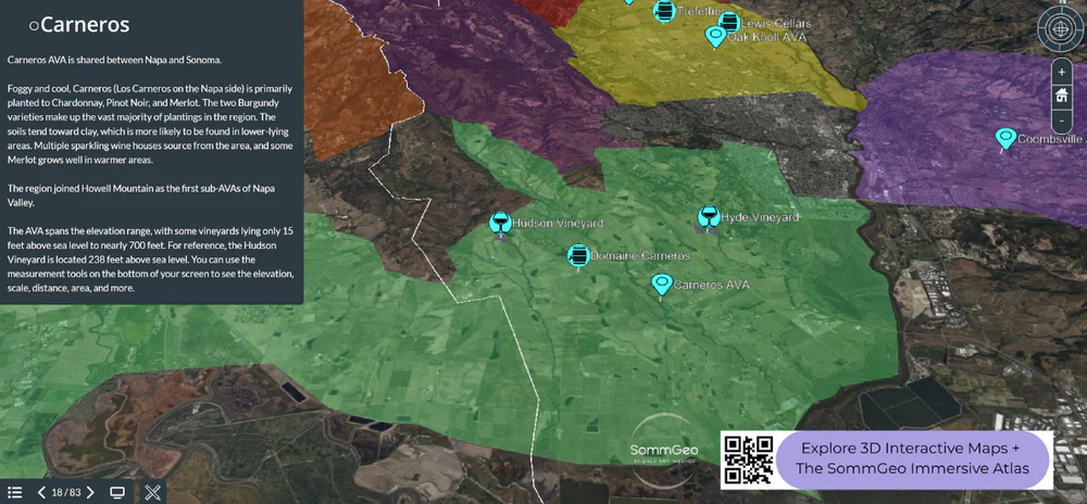 3D Tour of Carneros AVA showing Hudson and Hyde vineyards with producer pins