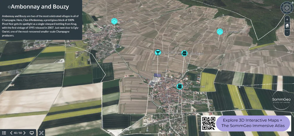 3D Tour of Ambonnay and Bouzy Grand Cru villages with Egly-Ouriet and Clos d'Ambonnay pins