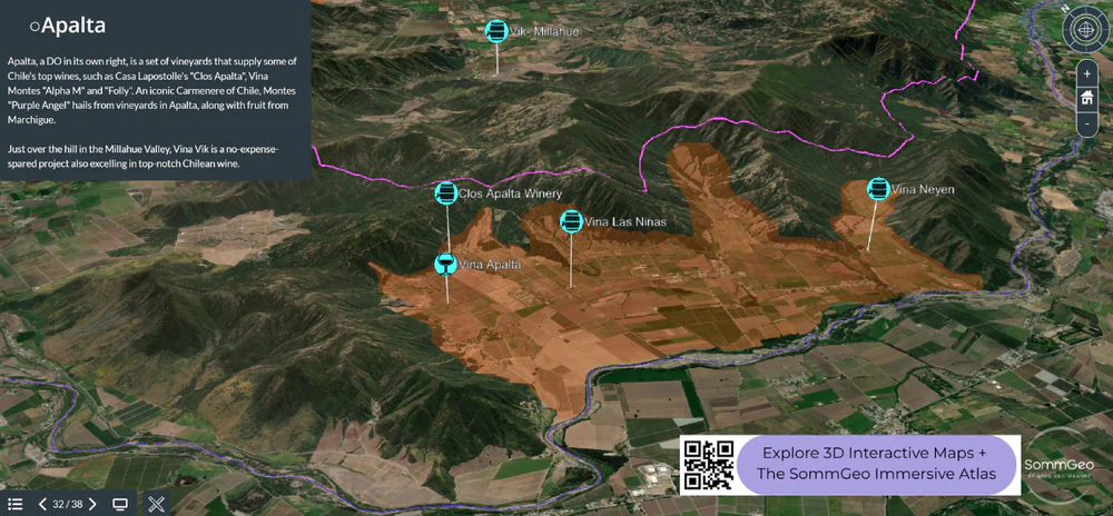 3D Tour of Apalta in Colchagua Valley showing vineyard terrain and producer pins