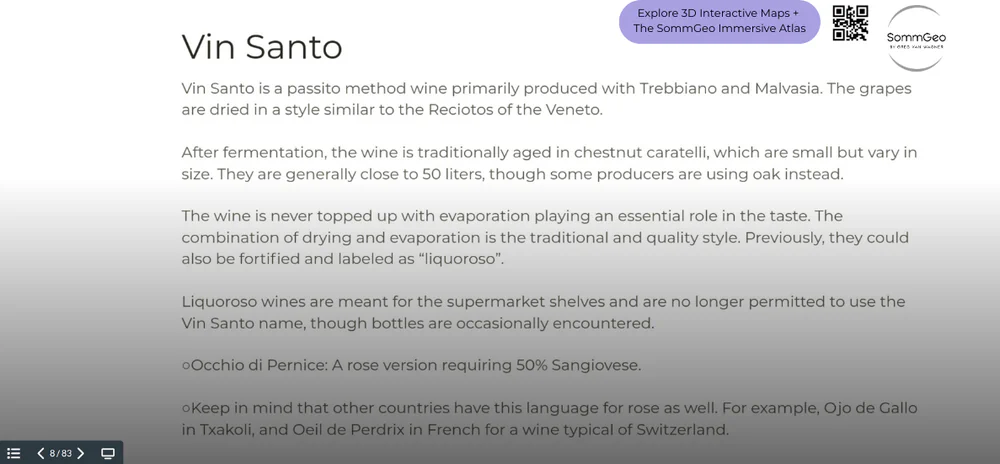 SommGeo Tour frame covering Vin Santo production classification and requirements