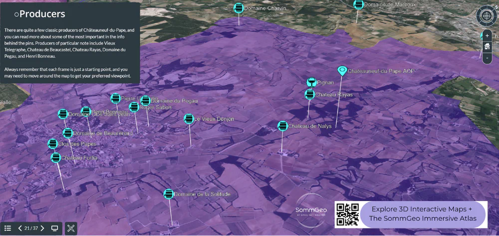 3D Tour of Châteauneuf-du-Pape with producer pins and appellation boundaries