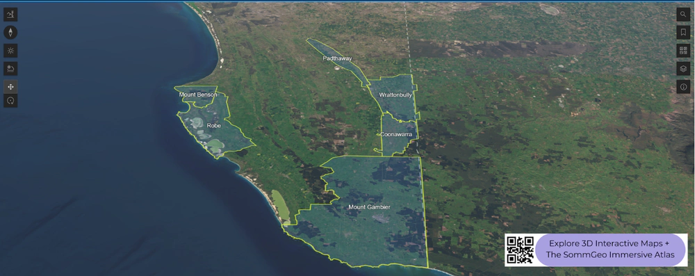 3D terrain view of South Australia's wine regions including Barossa Valley, McLaren Vale, and the Limestone Coast in SommGeo's interactive map