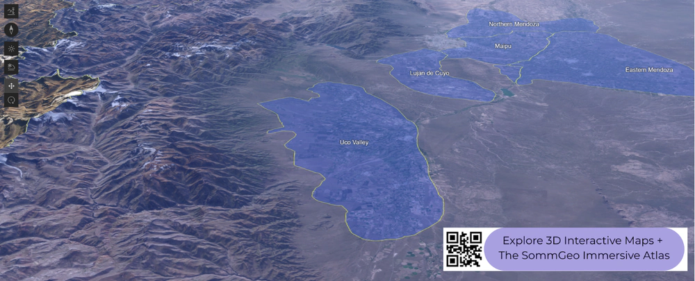 3D terrain view of Argentina's wine regions showing Mendoza and the Andes foothills in SommGeo's interactive map
