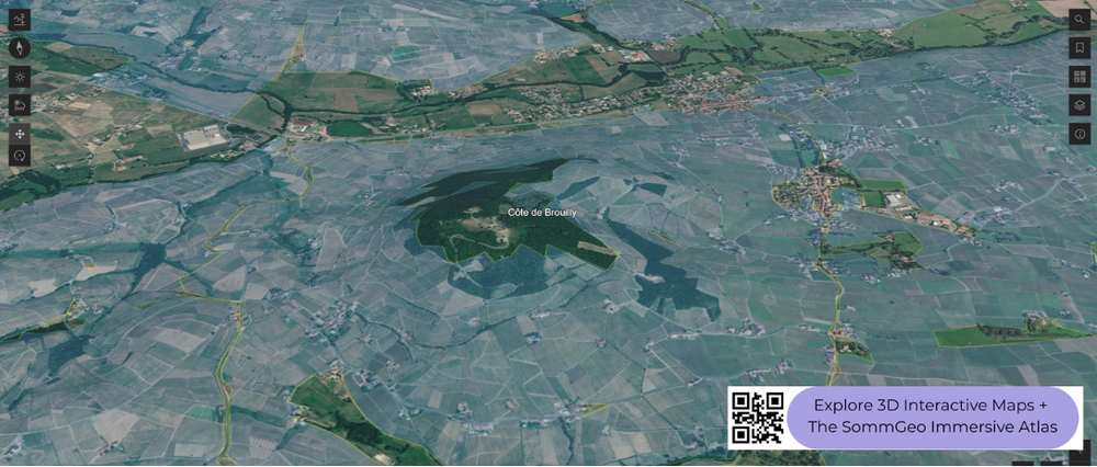 3D terrain view of Côte de Brouilly in Beaujolais in SommGeo's interactive map