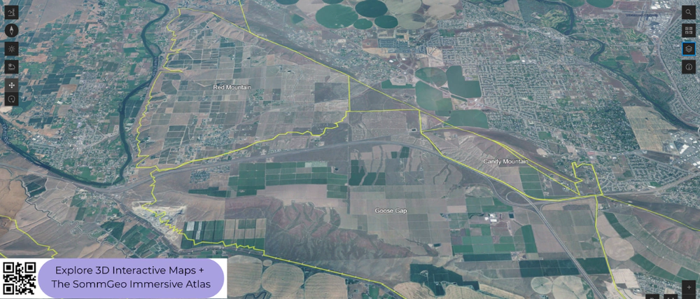 3D terrain view of the Red Mountain, Goose Gap, and Candy Mountain AVAs in SommGeo's interactive Columbia Valley wine map