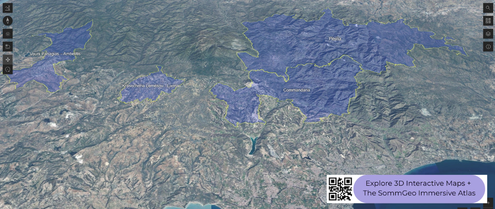 3D terrain view of Cyprus wine regions and the Troodos Mountains in SommGeo's interactive map