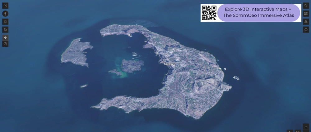 3D terrain view of Santorini's volcanic caldera in SommGeo's interactive Greece wine map