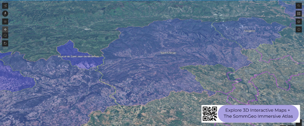 3D terrain view of the Saint-Chinian appellation and surrounding area in the Languedoc in SommGeo's interactive map