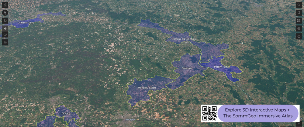 3D terrain view of the Central Vineyards around Sancerre and Pouilly-Fumé in SommGeo's interactive map