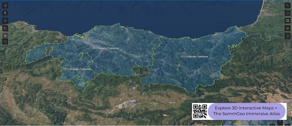 3D terrain view of the Basque Country wine region in SommGeo's interactive Northeast Spain map