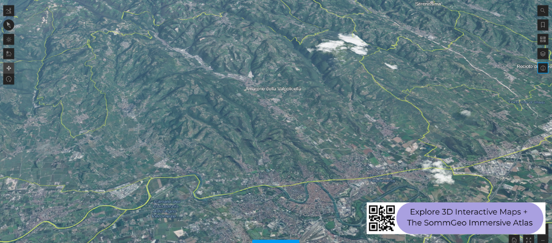 3D terrain view of the Valpolicella hills in SommGeo's interactive Northern Italy wine map