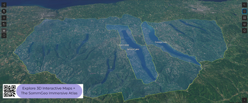 3D terrain view of the Finger Lakes wine region in SommGeo's interactive Rest of USA wine map