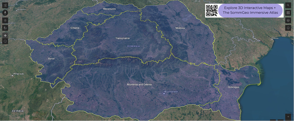 3D terrain view of Romania's major viticultural regions showing Transylvania, Muntenia, Moldova, and Dobrogea in SommGeo's interactive map