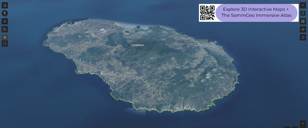 3D terrain view of the volcanic island of Pantelleria in SommGeo's interactive Southern Italy wine map
