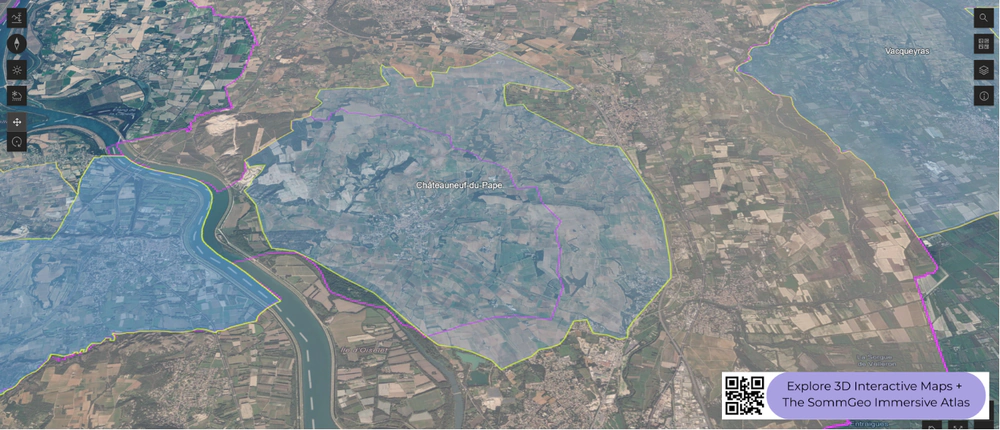 3D terrain view of the Ch&acirc;teauneuf-du-Pape plateau in SommGeo's interactive Southern Rh&ocirc;ne map