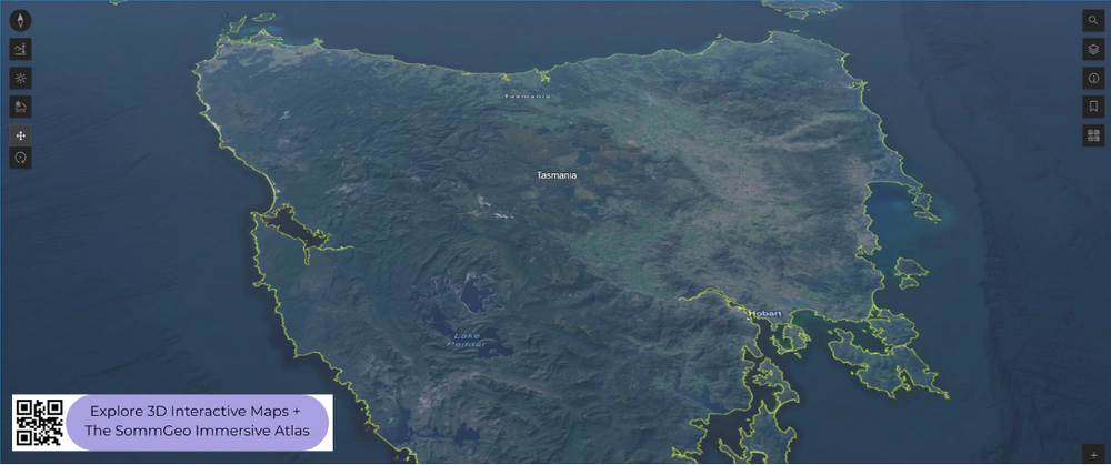 3D terrain view of Tasmania's wine regions in SommGeo's interactive map