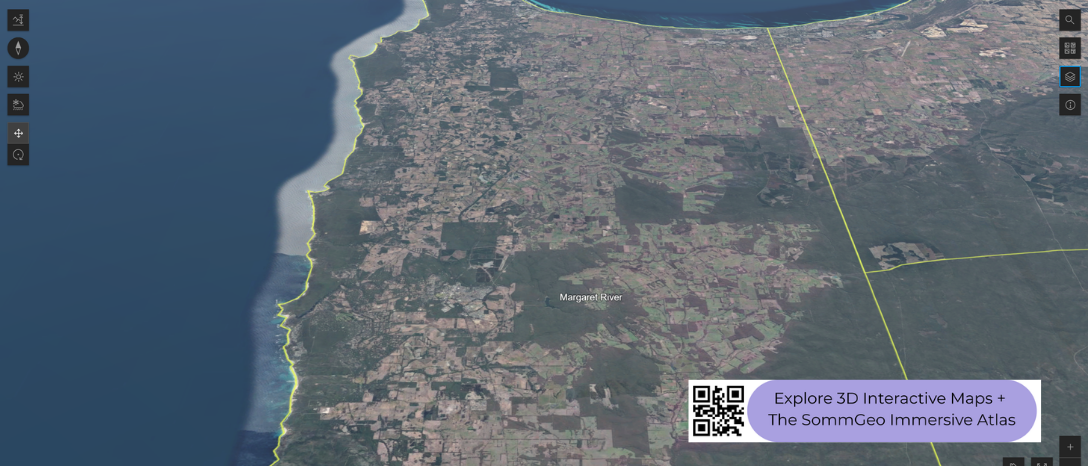 3D terrain view of the Margaret River wine region in Western Australia in SommGeo's interactive map