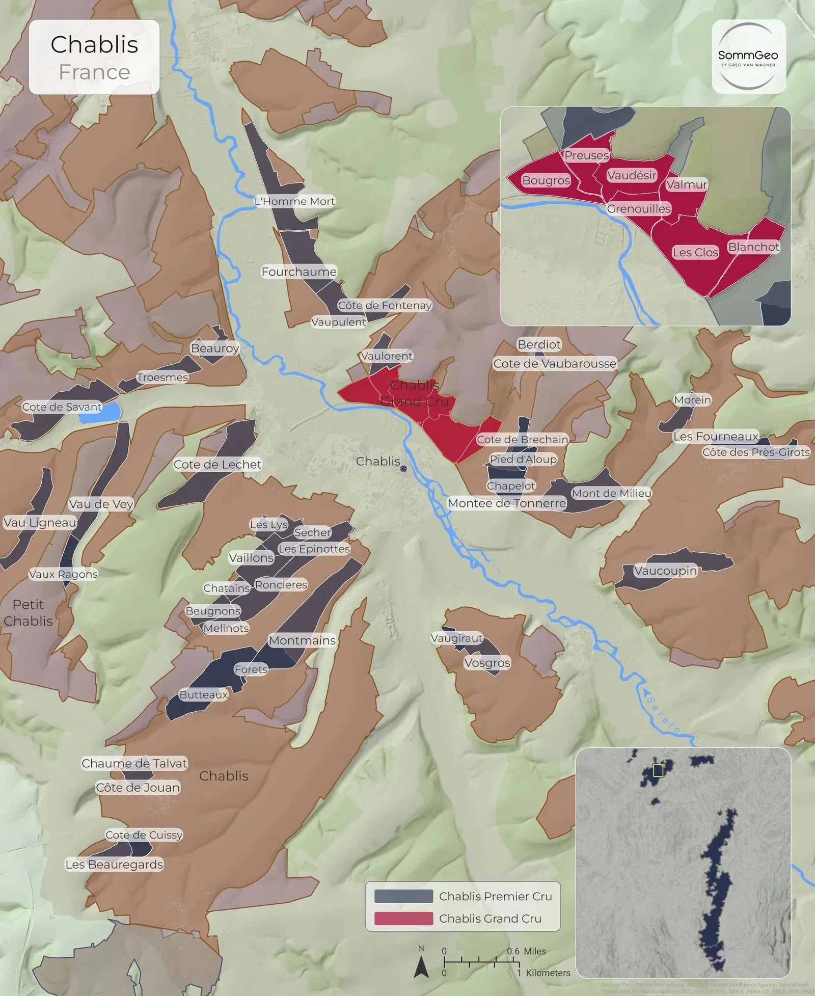 Free Chablis wine map showing the four appellation tiers, Petit Chablis, Chablis, Chablis Premier Cru, and the seven Chablis Grand Cru climats on the right bank of the Serein River in northern Burgundy, France