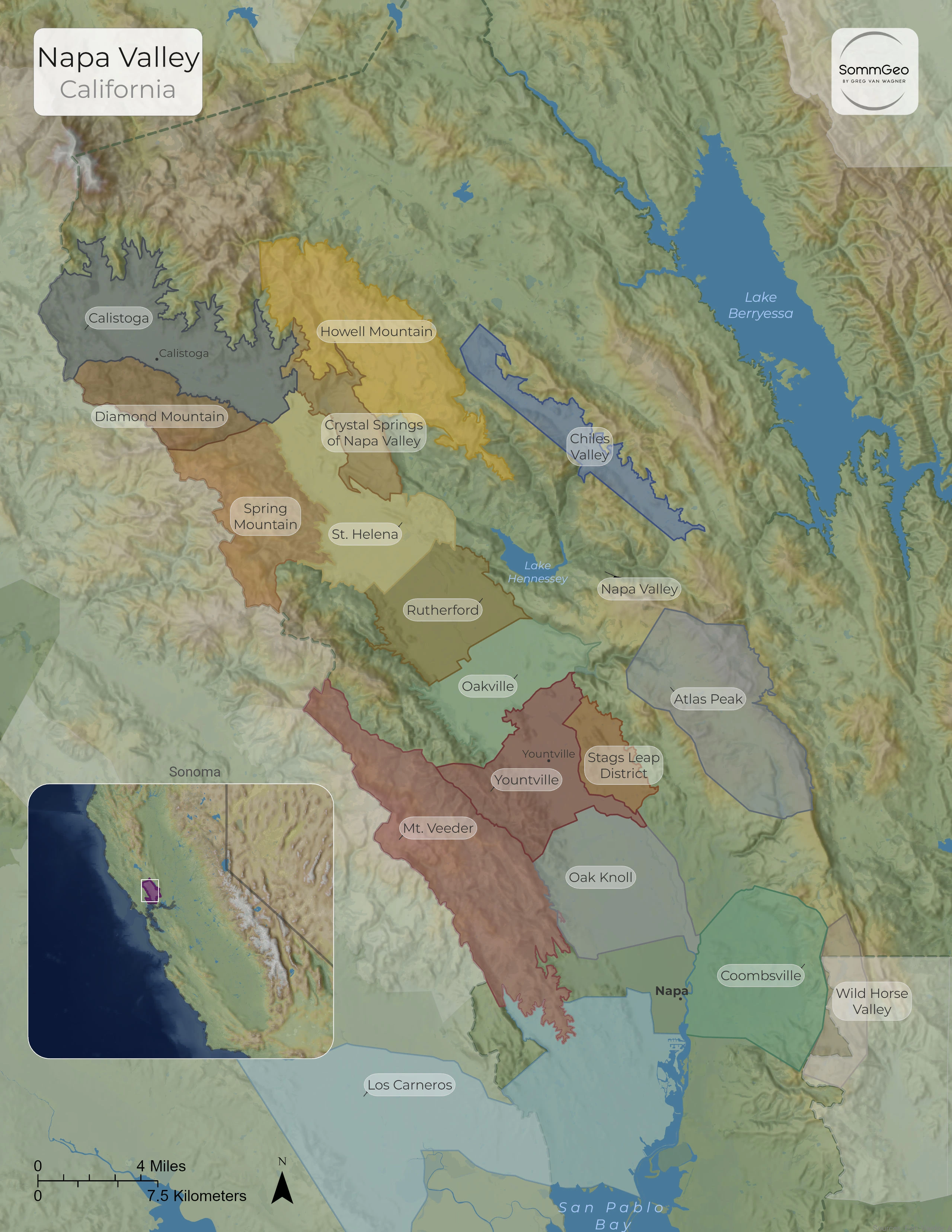 Free Napa Valley wine map showing all 17 nested AVAs on the terrain, from Los Carneros and Coombsville in the south up through Oakville, Rutherford, and Stags Leap District to Howell Mountain and Calistoga in the north, California